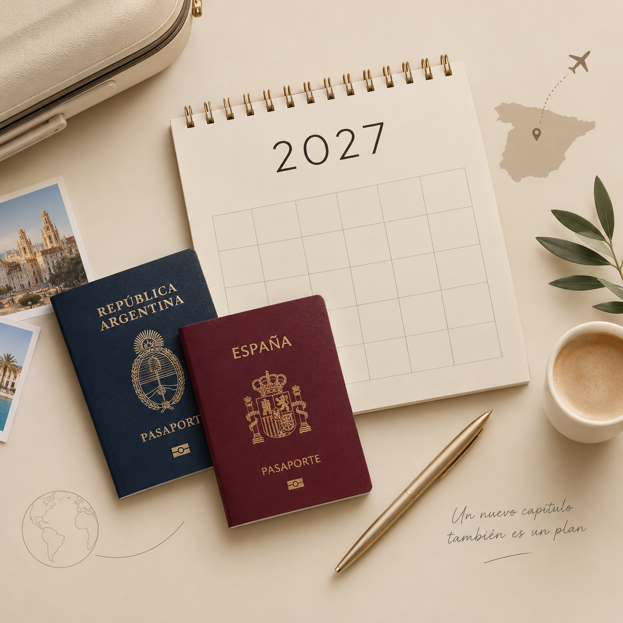 Pasaportes de Argentina y España junto a un calendario para planificar una jubilación internacional.