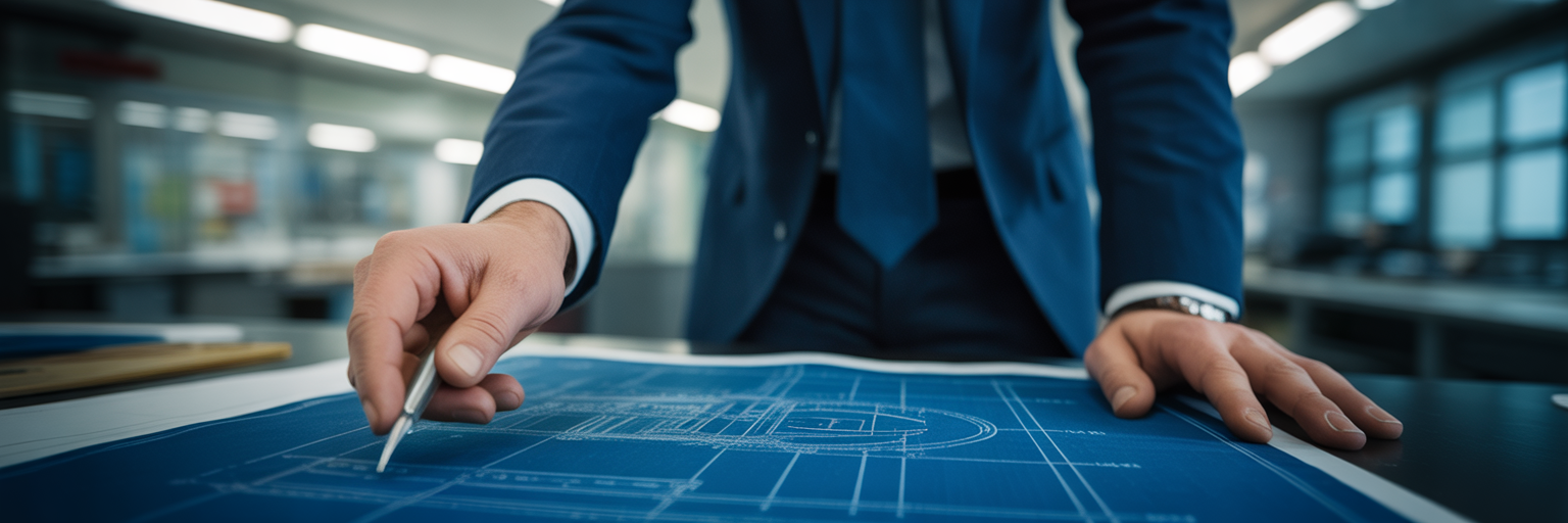 Director reviewing equipment blueprint.