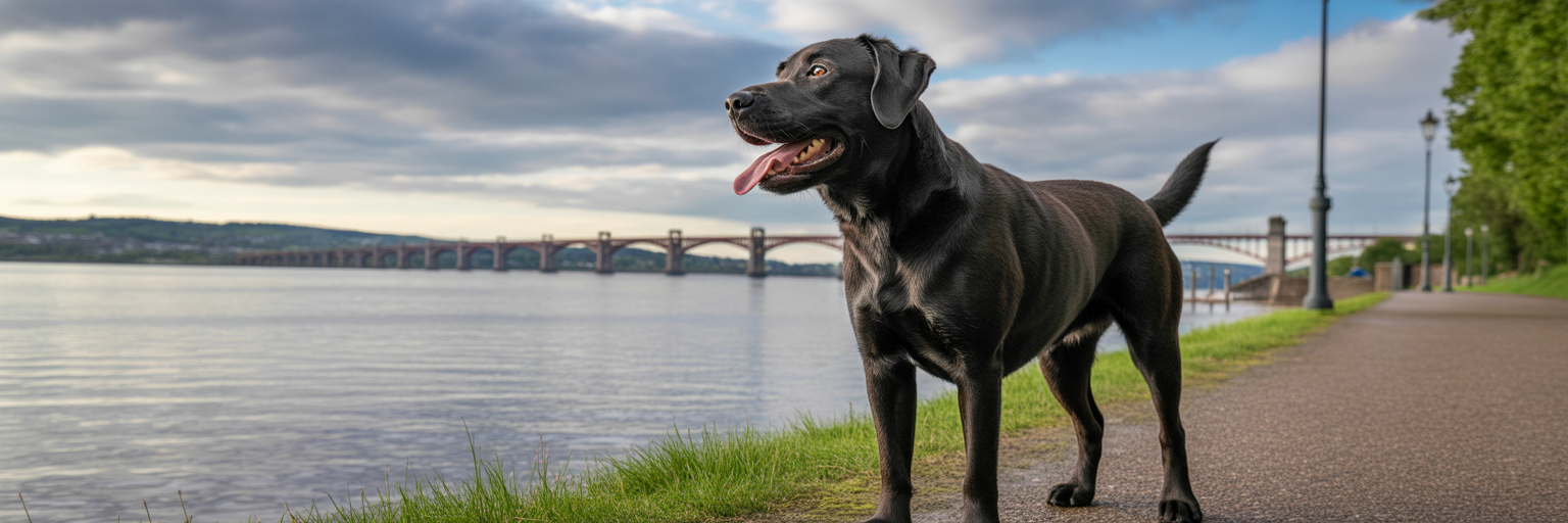 Healthy Labrador dog overlooking Dundee's River Tay.
