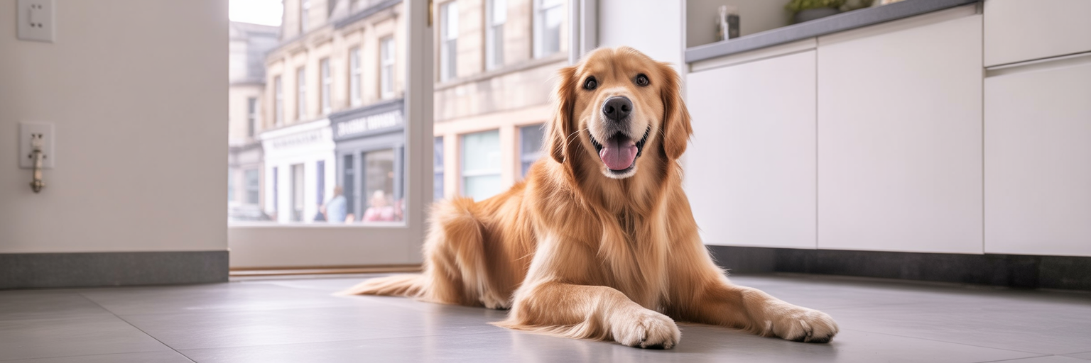 Happy groomed Golden Retriever at home.