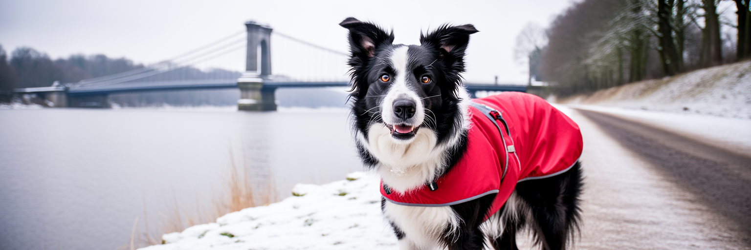 Dog in winter jacket on walk in Dundee.