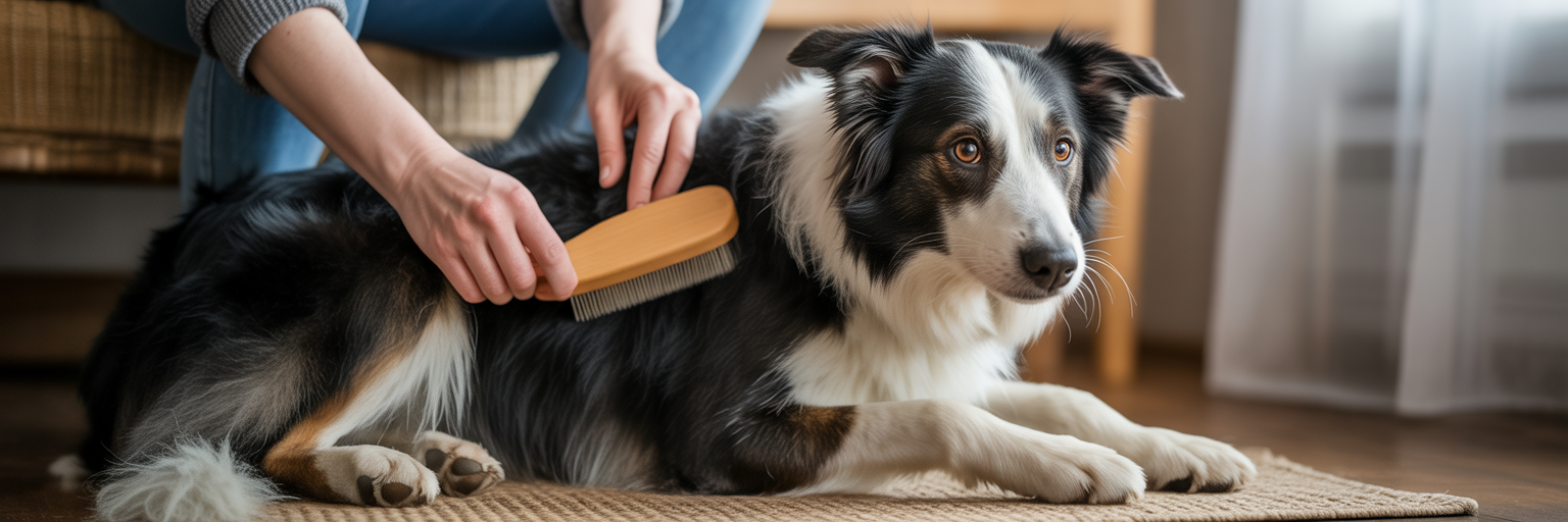 Owner grooming a Border Collie at home.