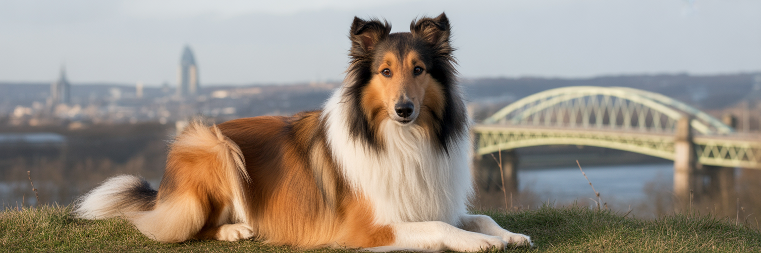 Long-haired dog with a view of Dundee.