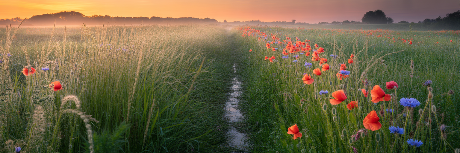Wildflower meadow path at sunrise