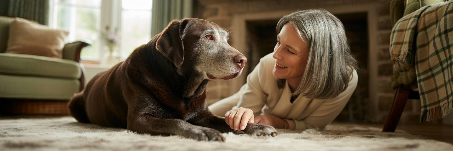 Owner holding senior dog's paw gently.
