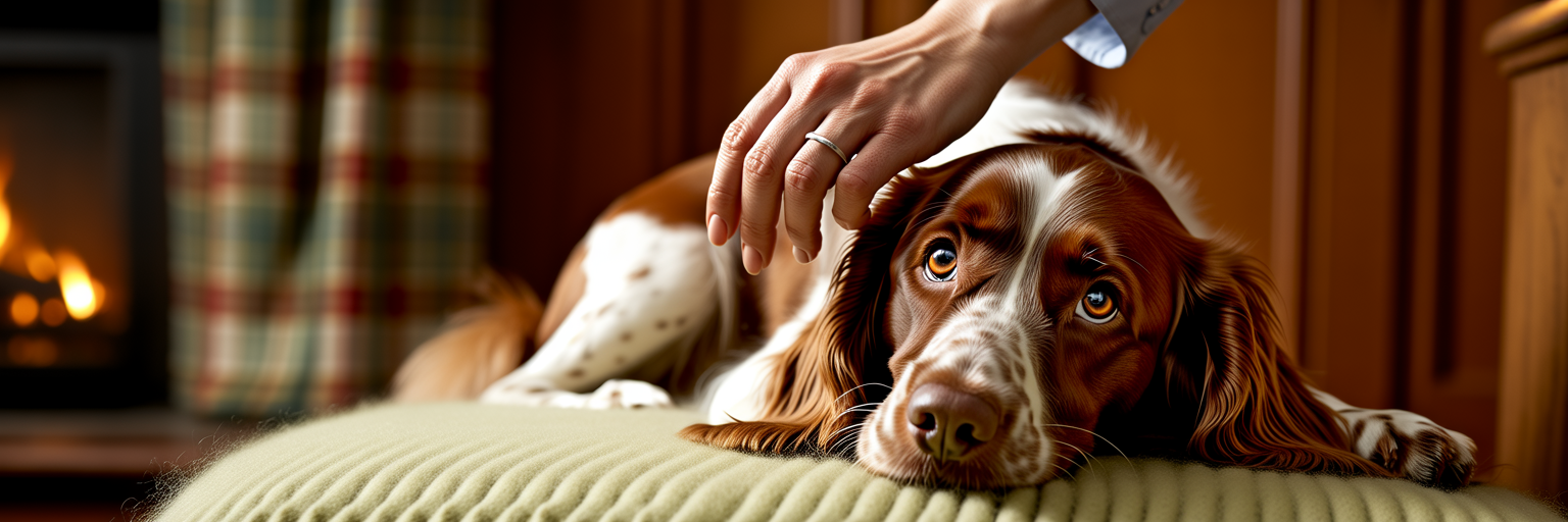 Hand gently stroking a calm dog.