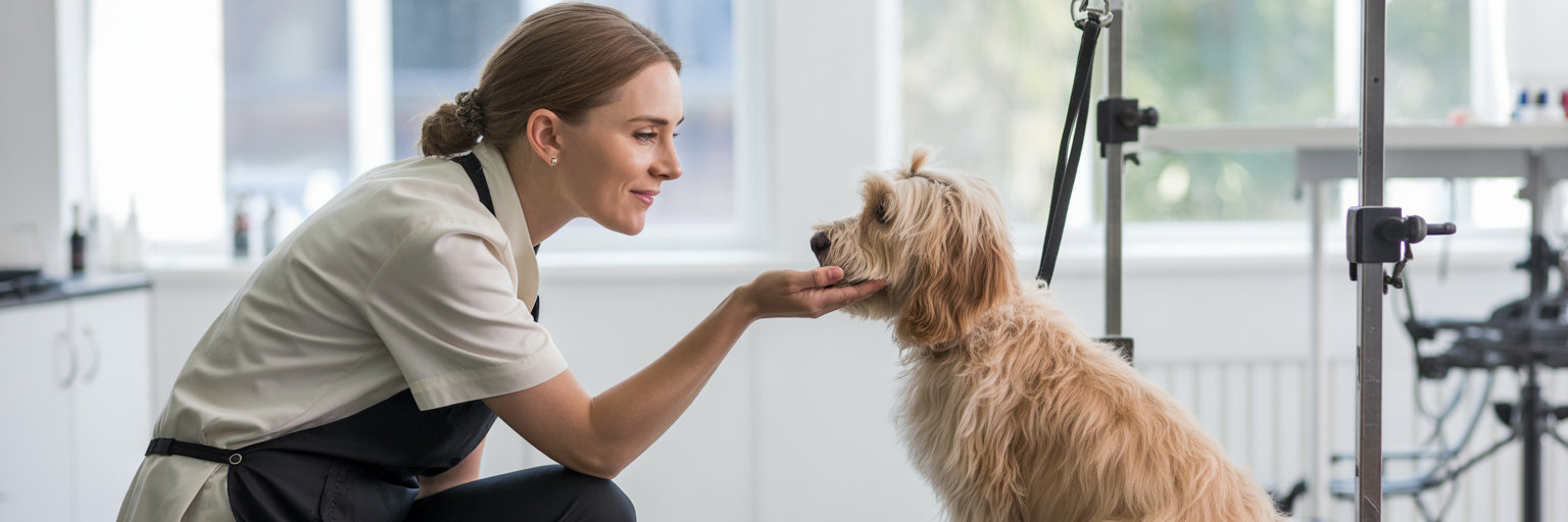 Patient groomer with an anxious dog