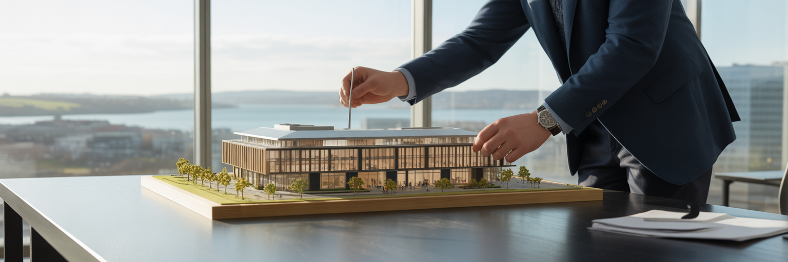 Architectural model of a commercial building.
