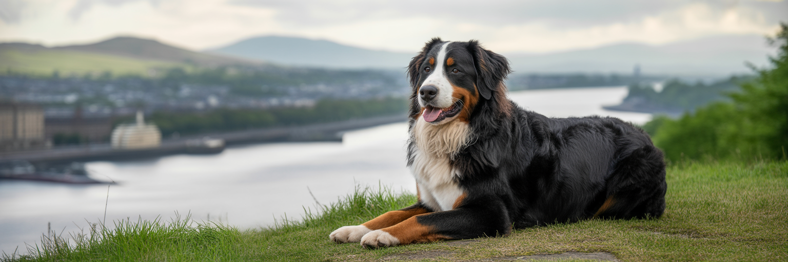 Healthy Bernese Mountain Dog on Dundee Law.