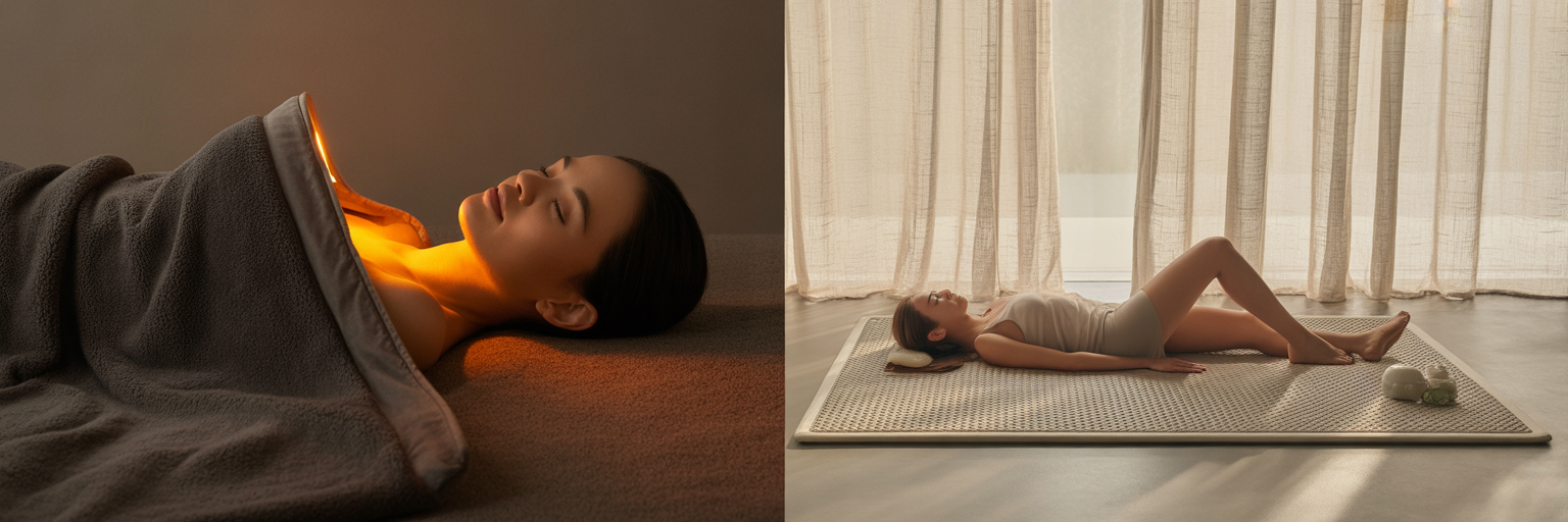 Person using infrared blanket and PEMF mat.