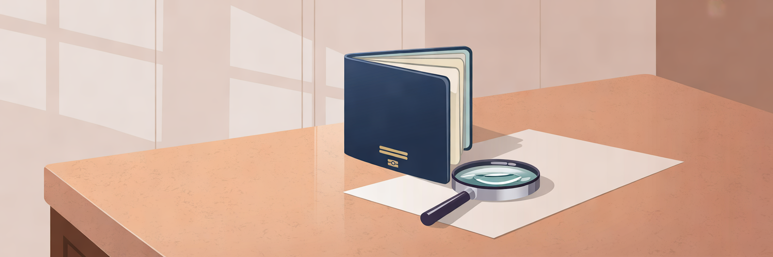 Pasaporte y lupa sobre un escritorio para consultar los datos personales en el SIS Schengen.