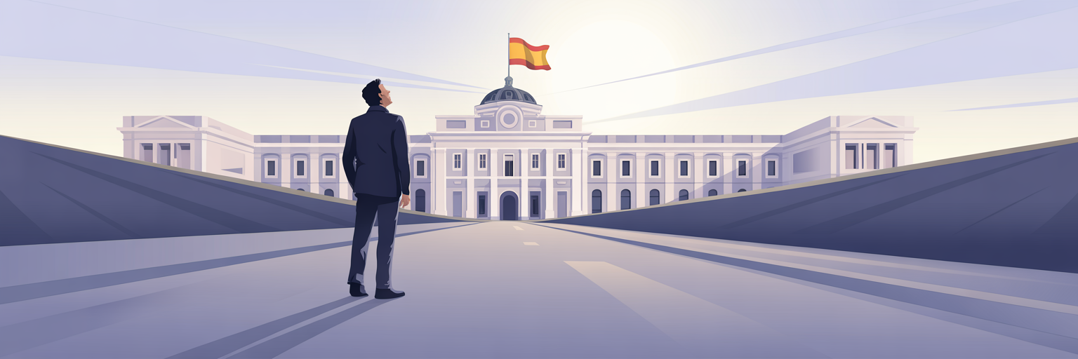 Persona ante un edificio público español con documentación sobre su habilitación para trabajar.