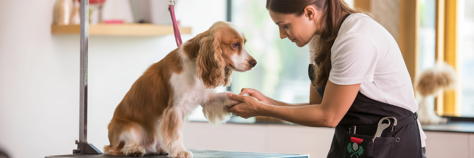 Calm groomer handling anxious dog's paw.