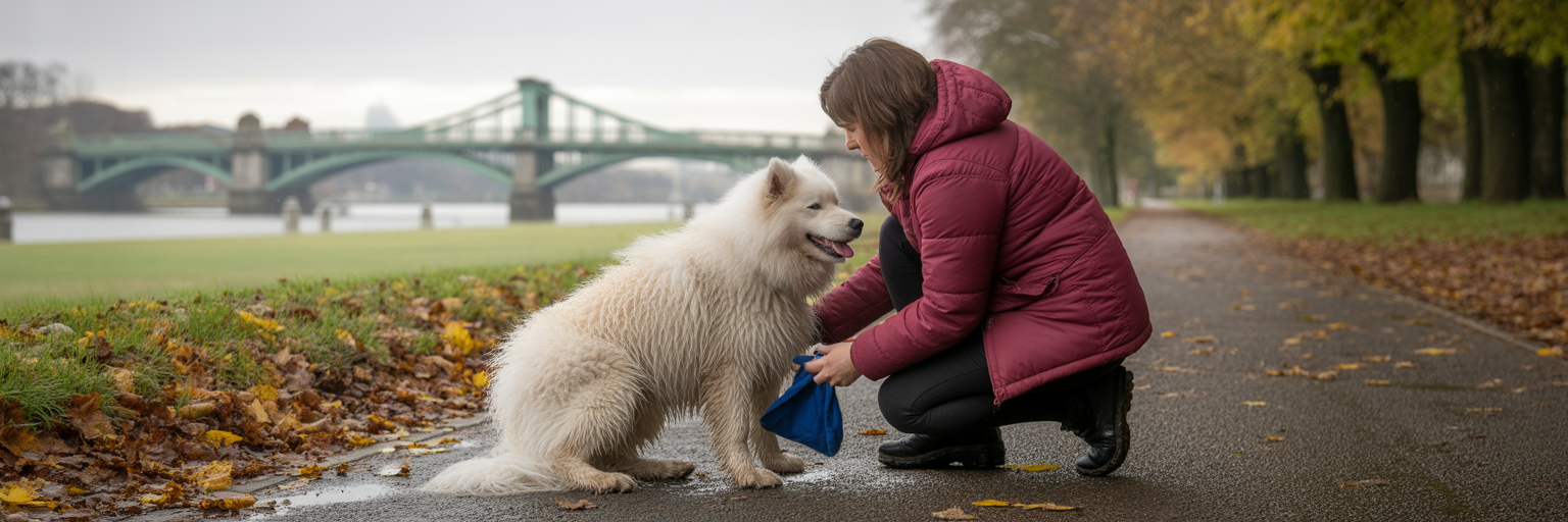 Owner cleaning dog's paws in Dundee
