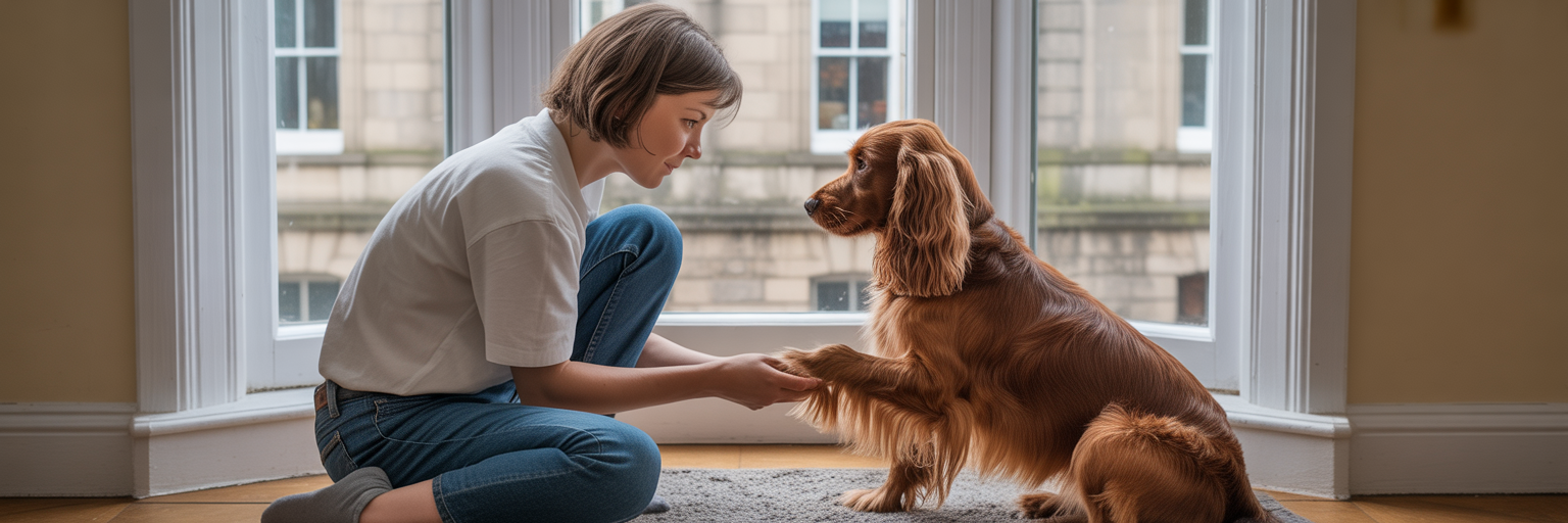 Person examining their dog's paws in a Dundee home.