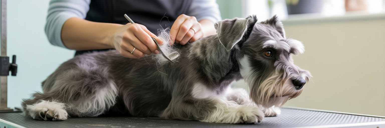 Professional groomer hand-stripping a wire-haired dog.