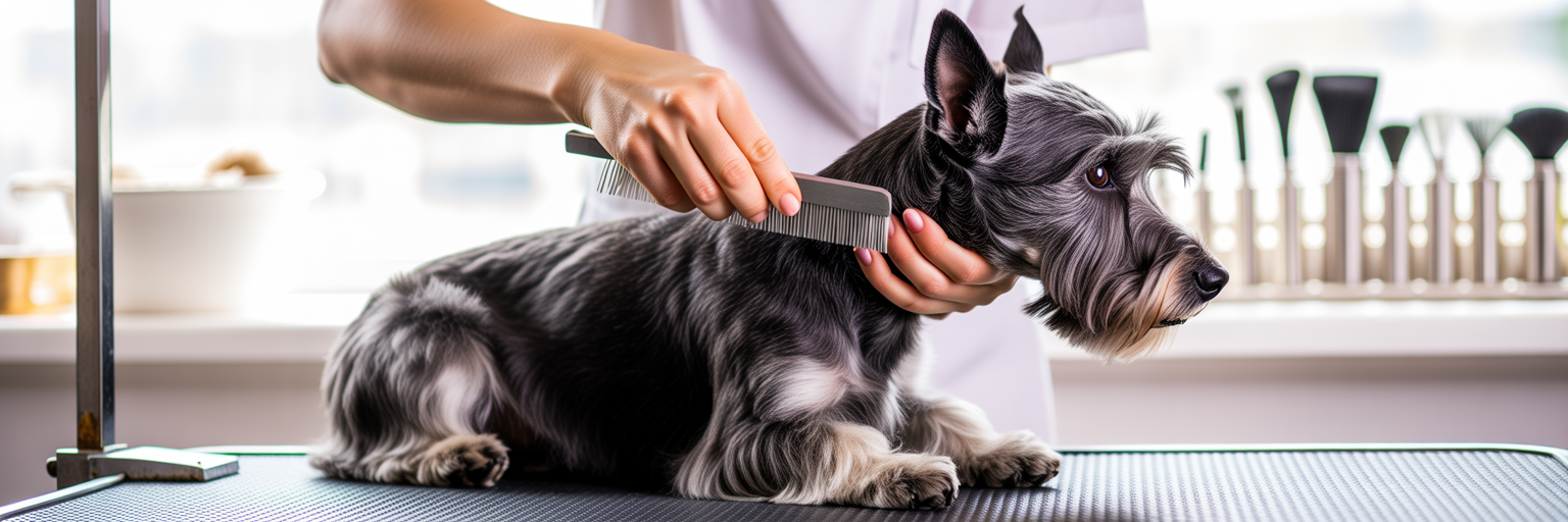 Professional groomer hand stripping a terrier's coat