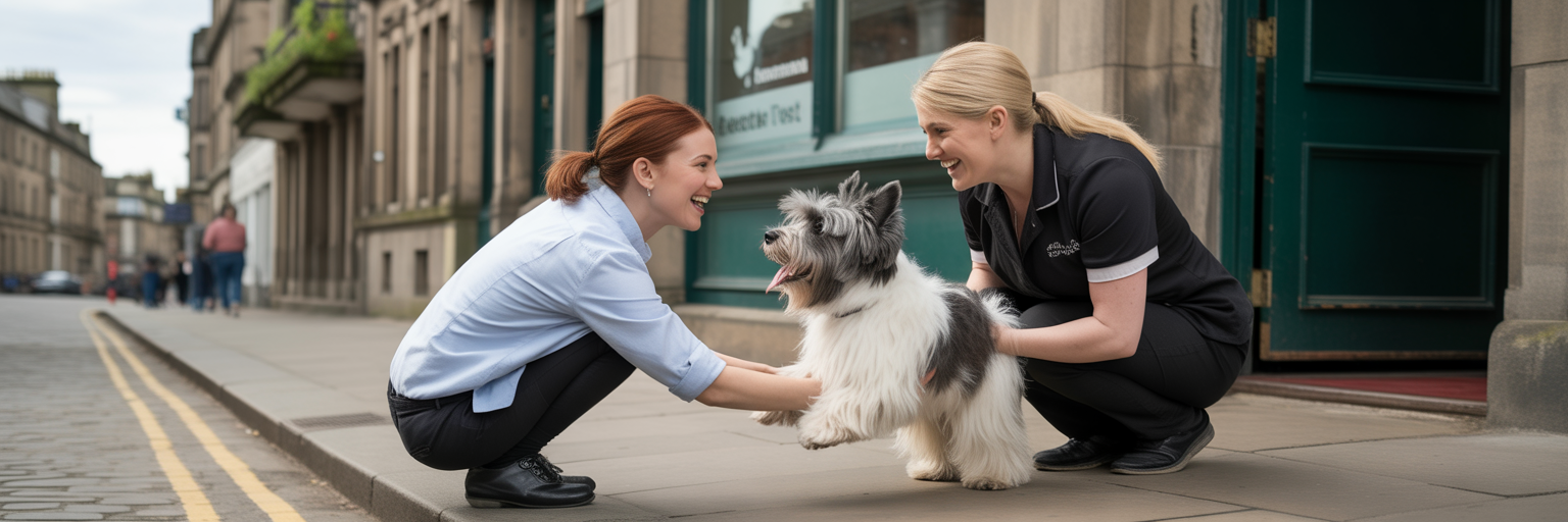 Owner greeting her groomed Scottie dog.