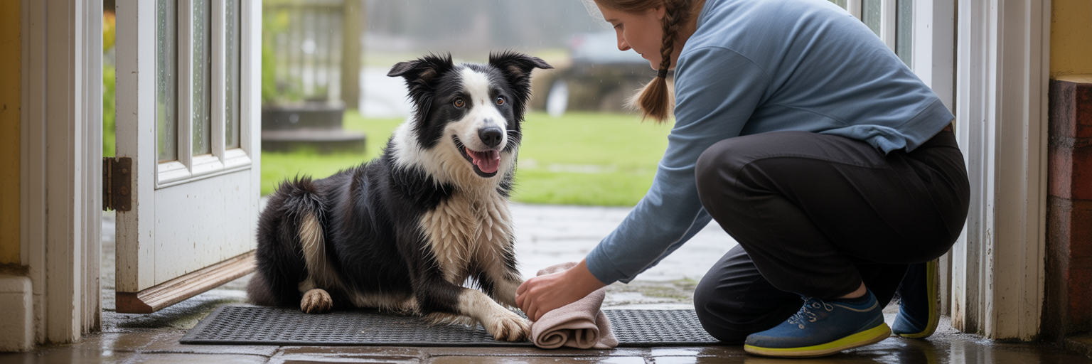 Owner cleaning a muddy dog's paws after a walk.