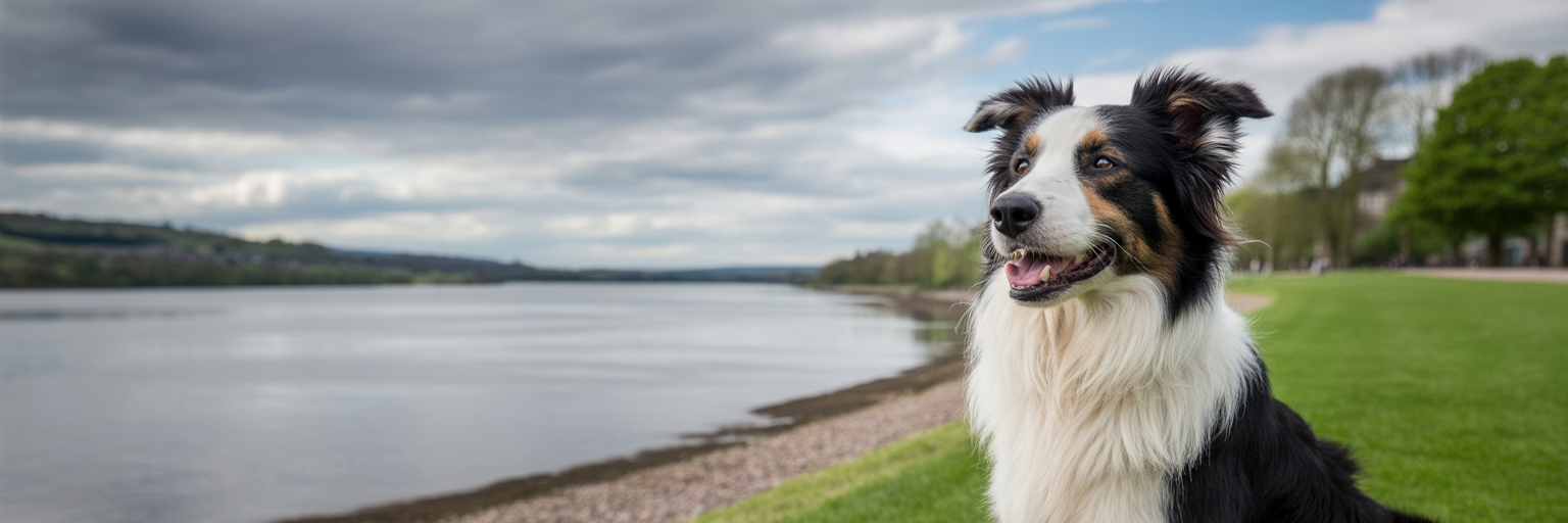 Well-groomed dog overlooking River Tay.
