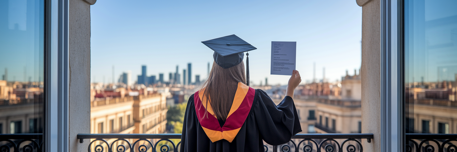 Persona con permiso de trabajo mirando el horizonte de una ciudad española.