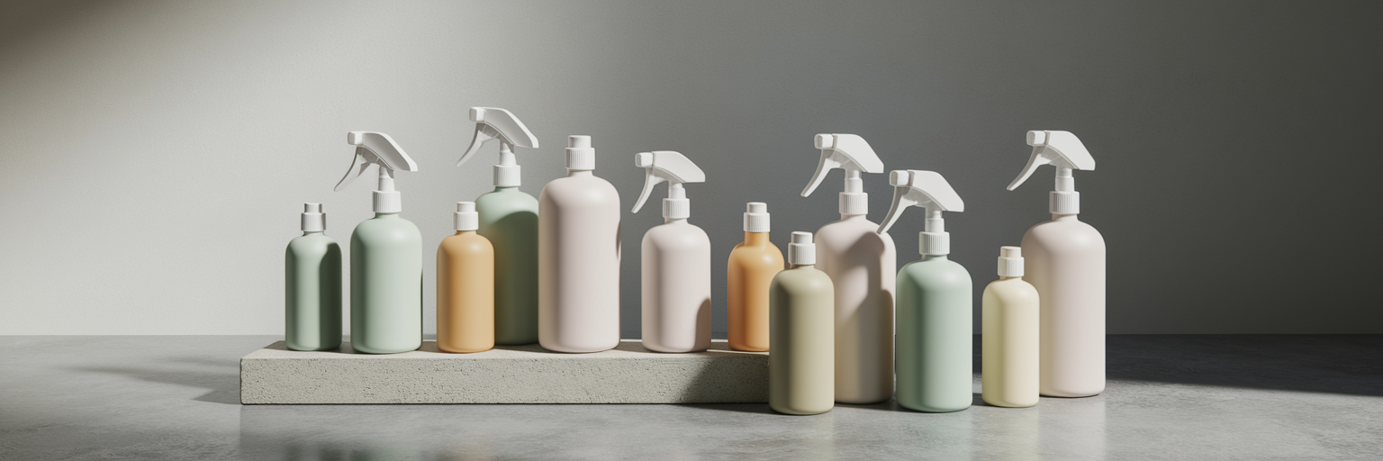 Modern private label cleaning product bottles.
