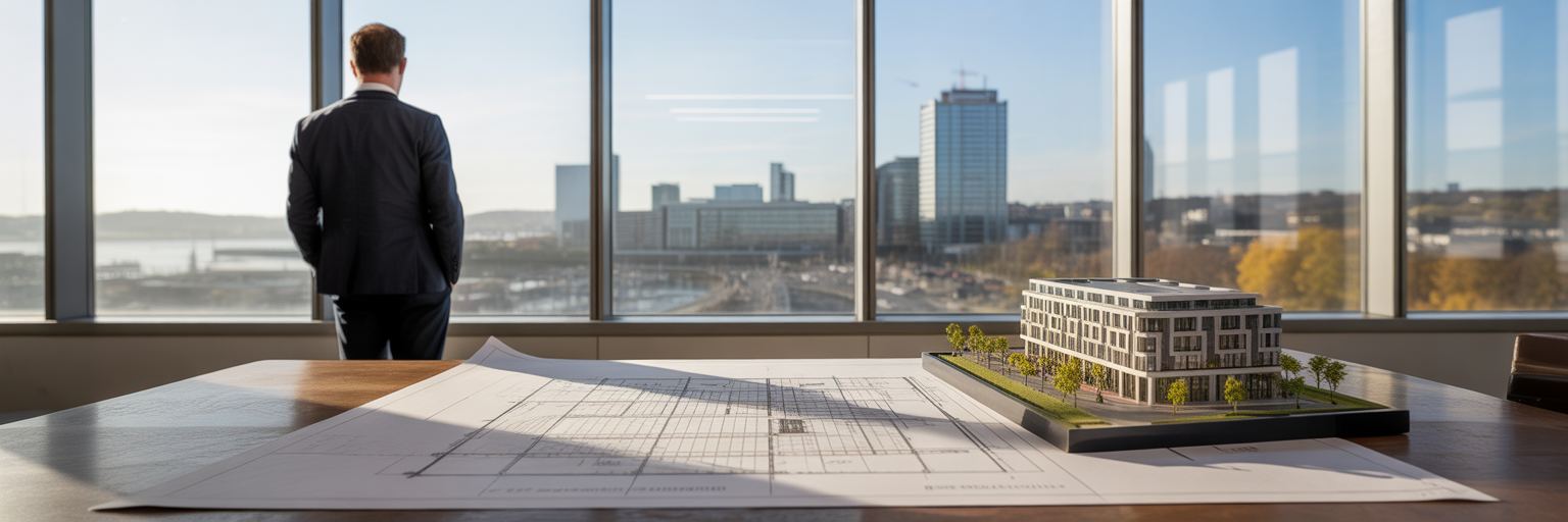 Director's desk overlooking Cardiff Bay skyline.
