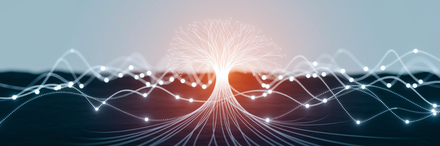 Glowing threads strengthening digital tree structure