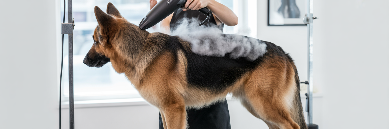 Professional groomer drying double-coated dog.