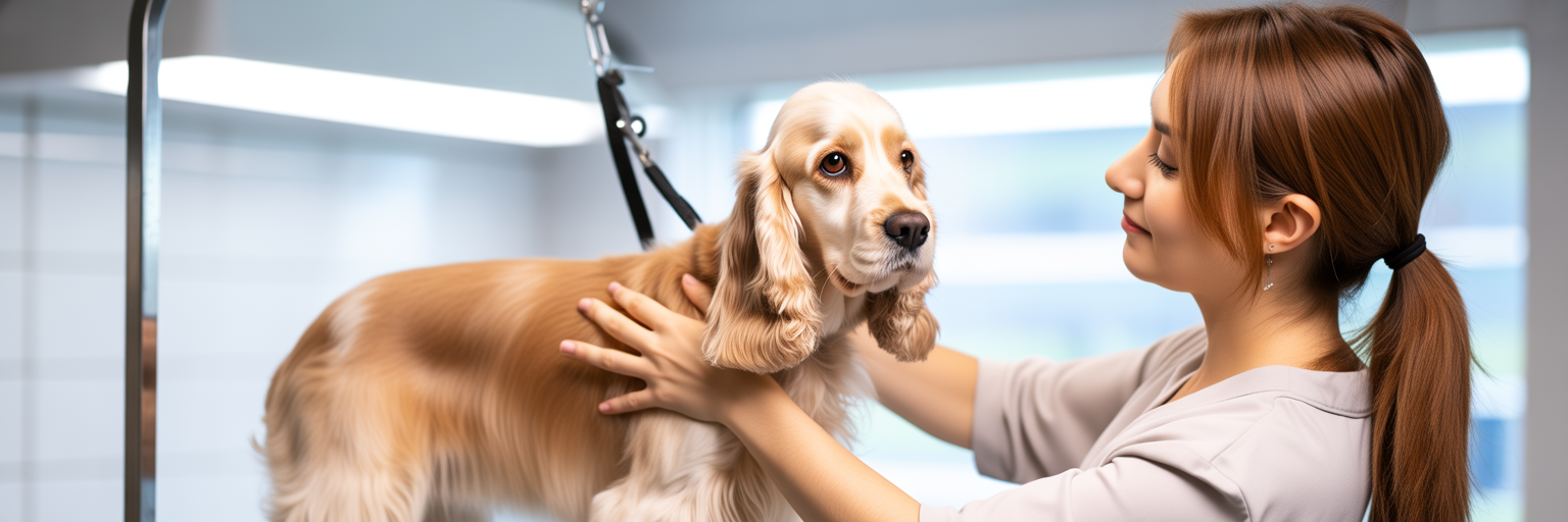 Compassionate groomer with calm dog in Dundee salon.