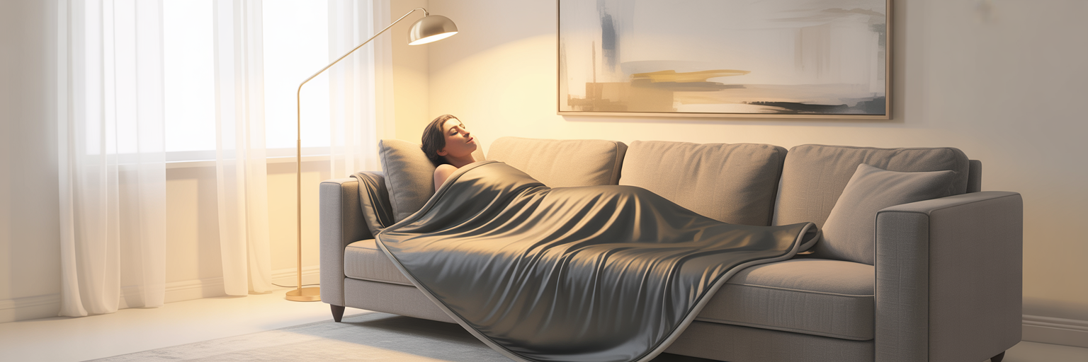Person relaxing with an infrared sauna blanket.