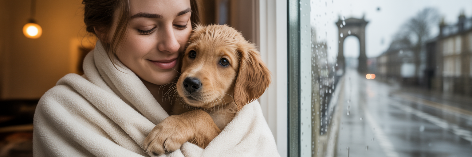 Owner cuddling a warm puppy after a winter walk in Dundee.