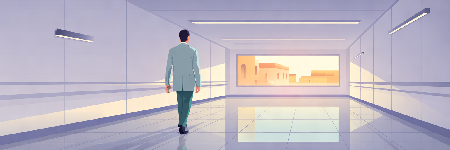 Médico extranjero recorriendo un hospital en España.