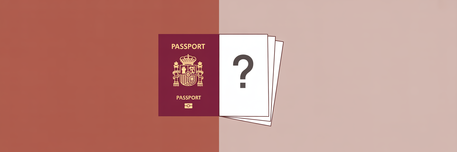 Pasaporte español junto a varios documentos académicos y un signo de interrogación.