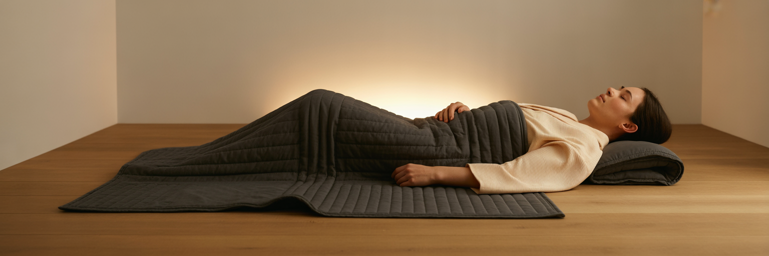 Person using an infrared sauna blanket.