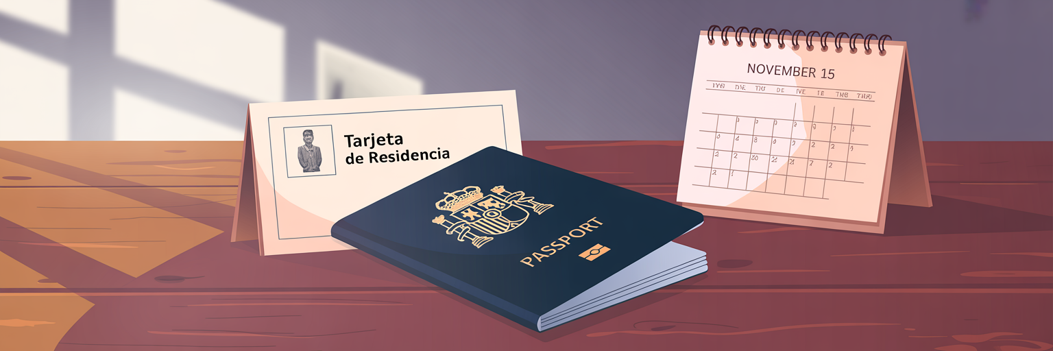 Tarjeta de residencia y pasaporte junto a un calendario de viaje.