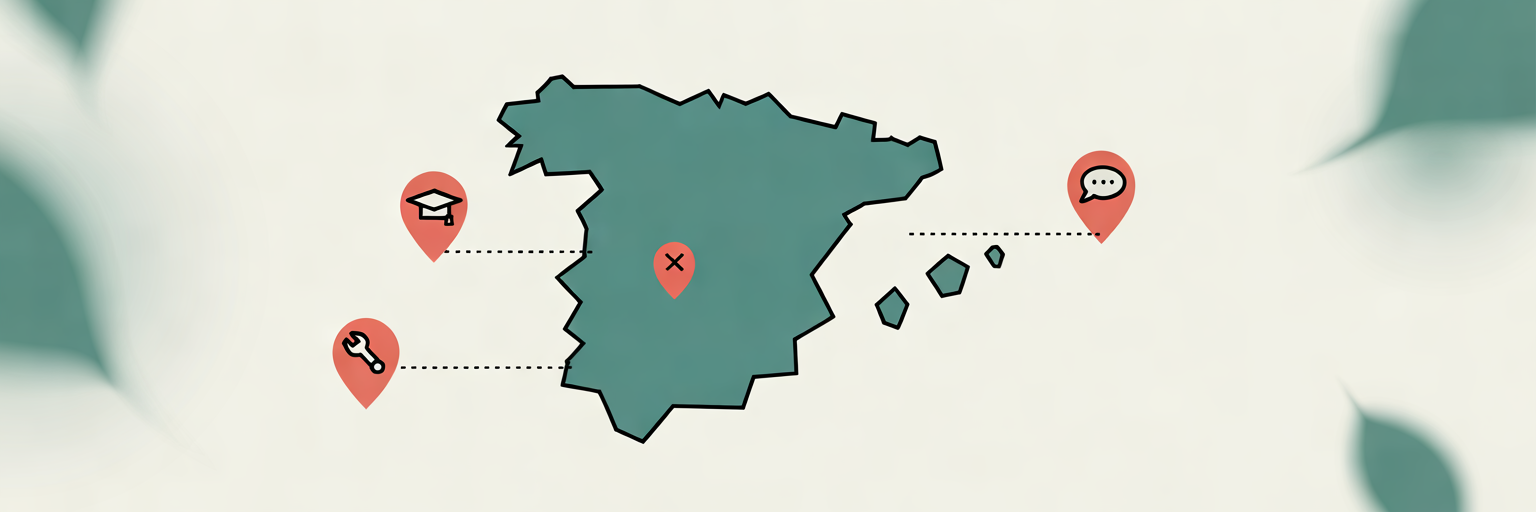 Mapa de España con símbolos de formación para explicar qué estudios permiten solicitar la tarjeta de estudiante.