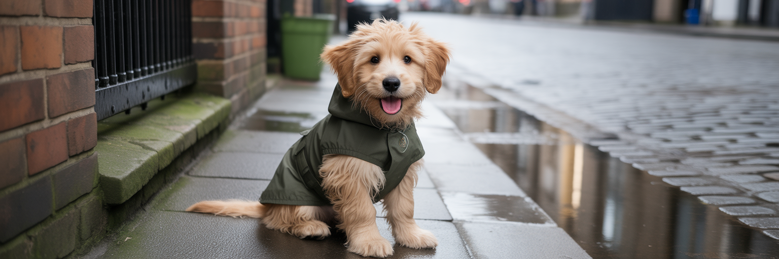 Puppy in raincoat on a wet Dundee street.