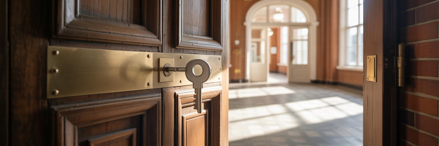 Key unlocking door to modern school.