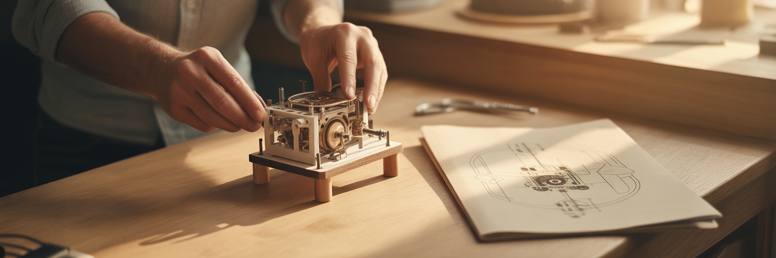 Hands assembling a complex mechanical model.