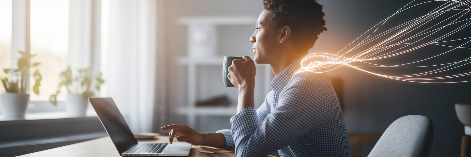 Person thinking as light flows to laptop.