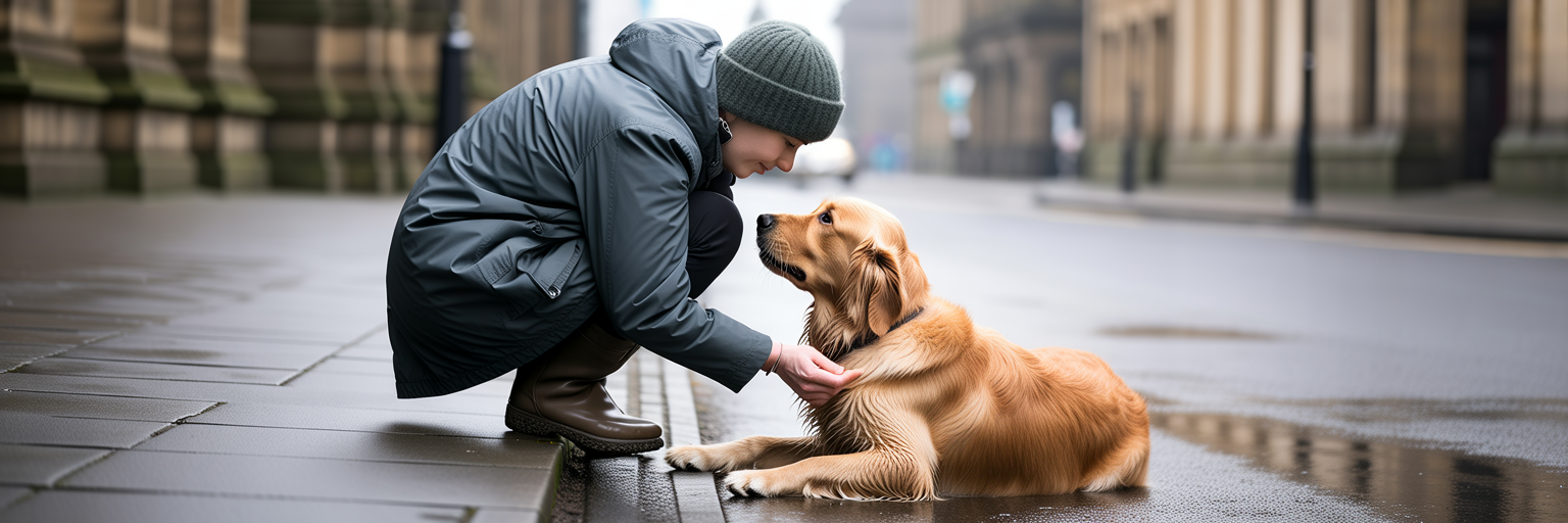Owner checking dog's paws on a Dundee street.