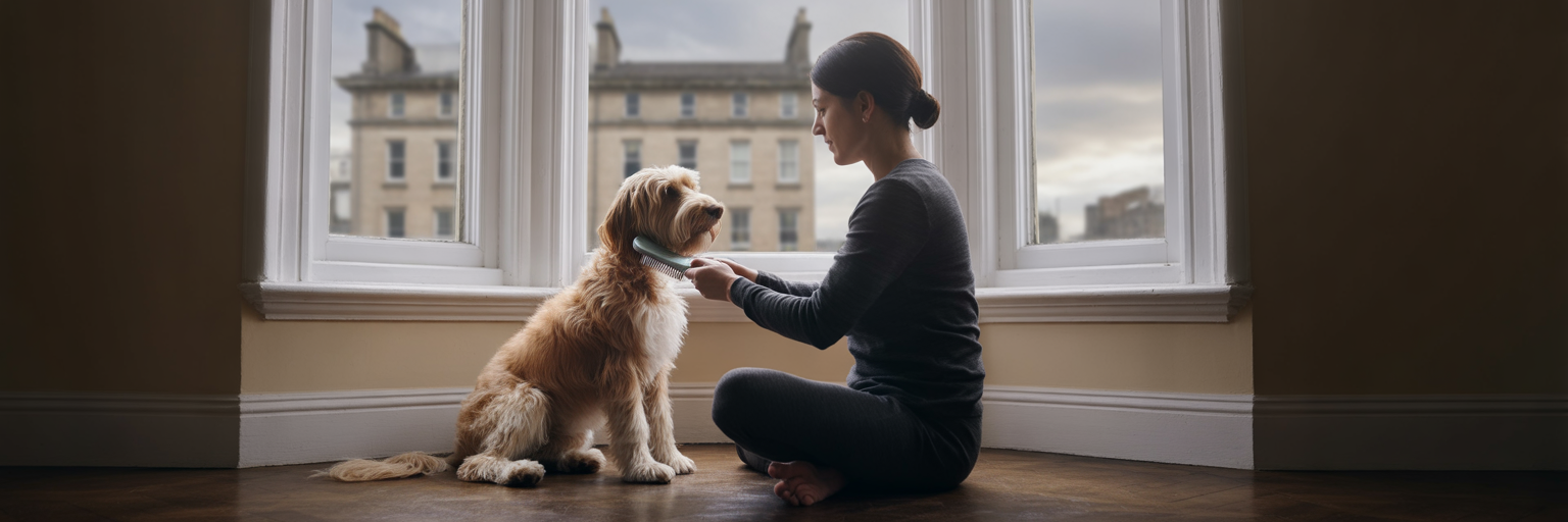 Person gently brushing a calm dog.