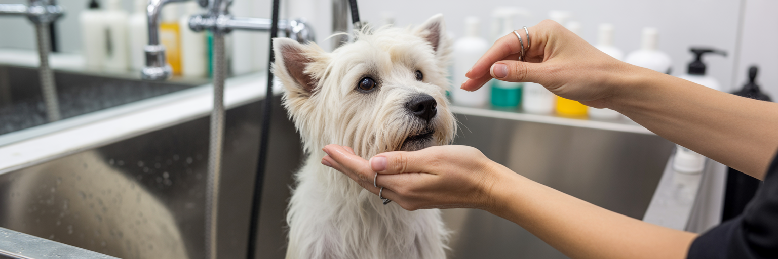 Groomer gently preparing a bath for a dog.