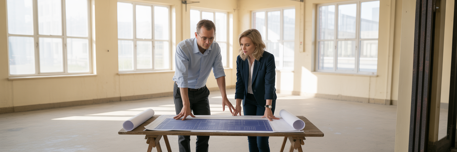 Business partners planning in new premises.