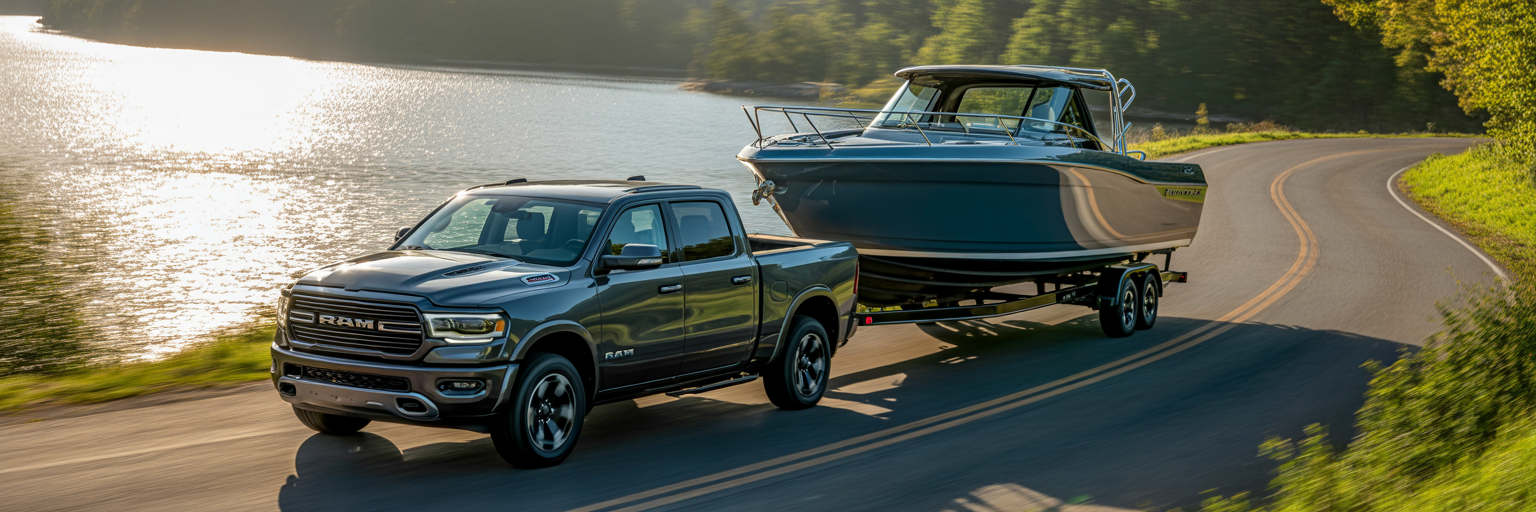 2026 Ram Rebel towing a boat