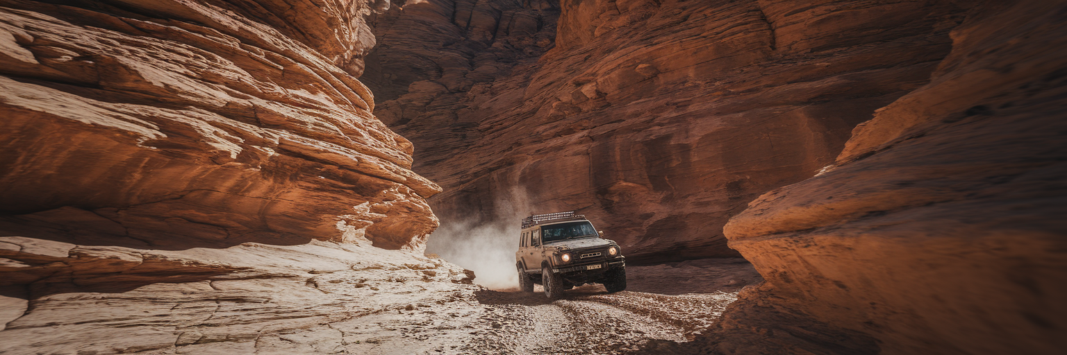 4x4 vehicle driving through rocky wadi