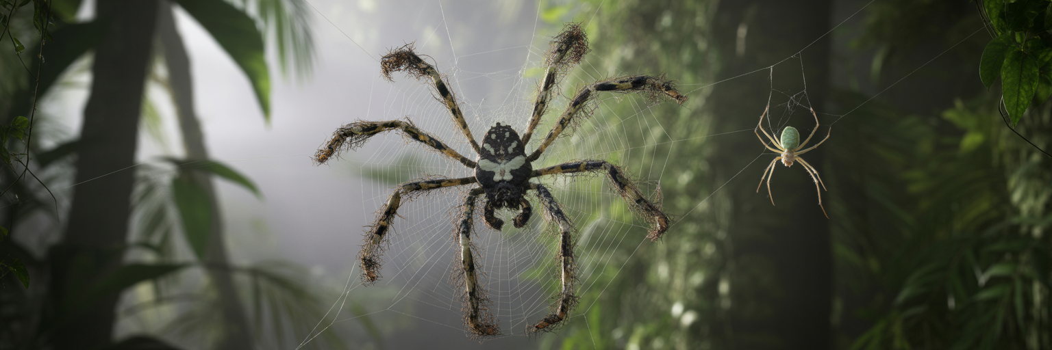 A large decoy spider made of debris on a web.