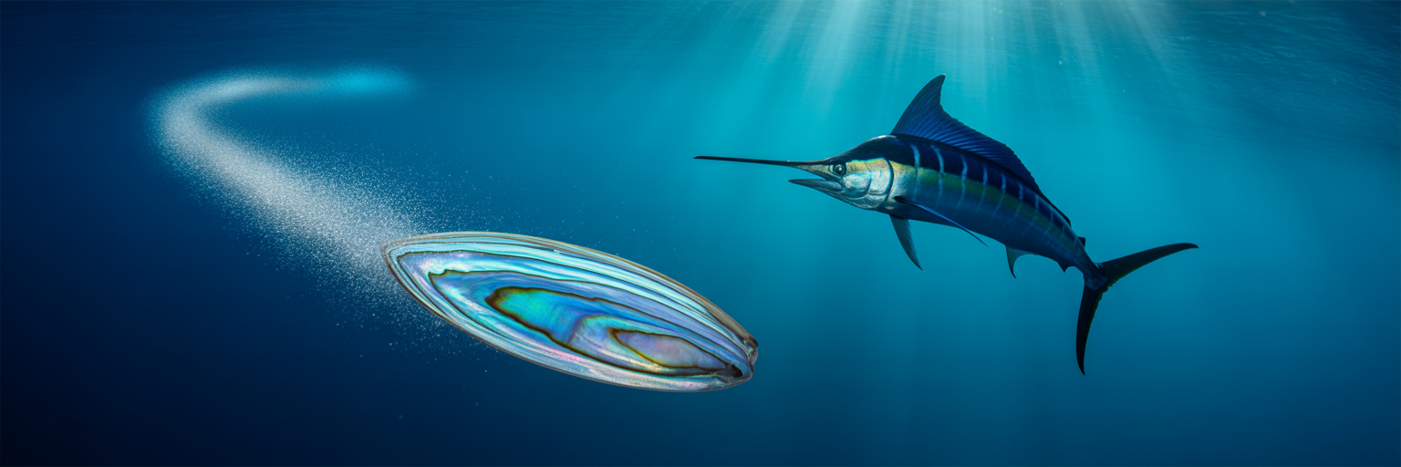 Abalone resin lure attracting a marlin.