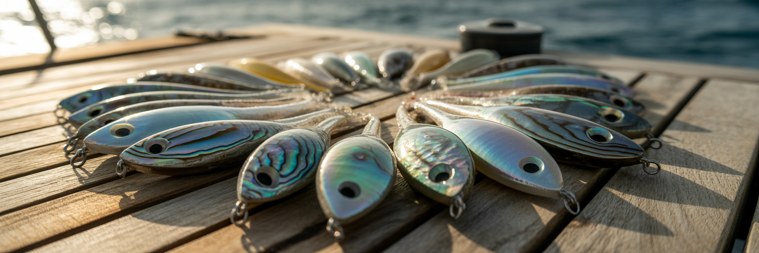 Abalone resin trolling lures on boat deck